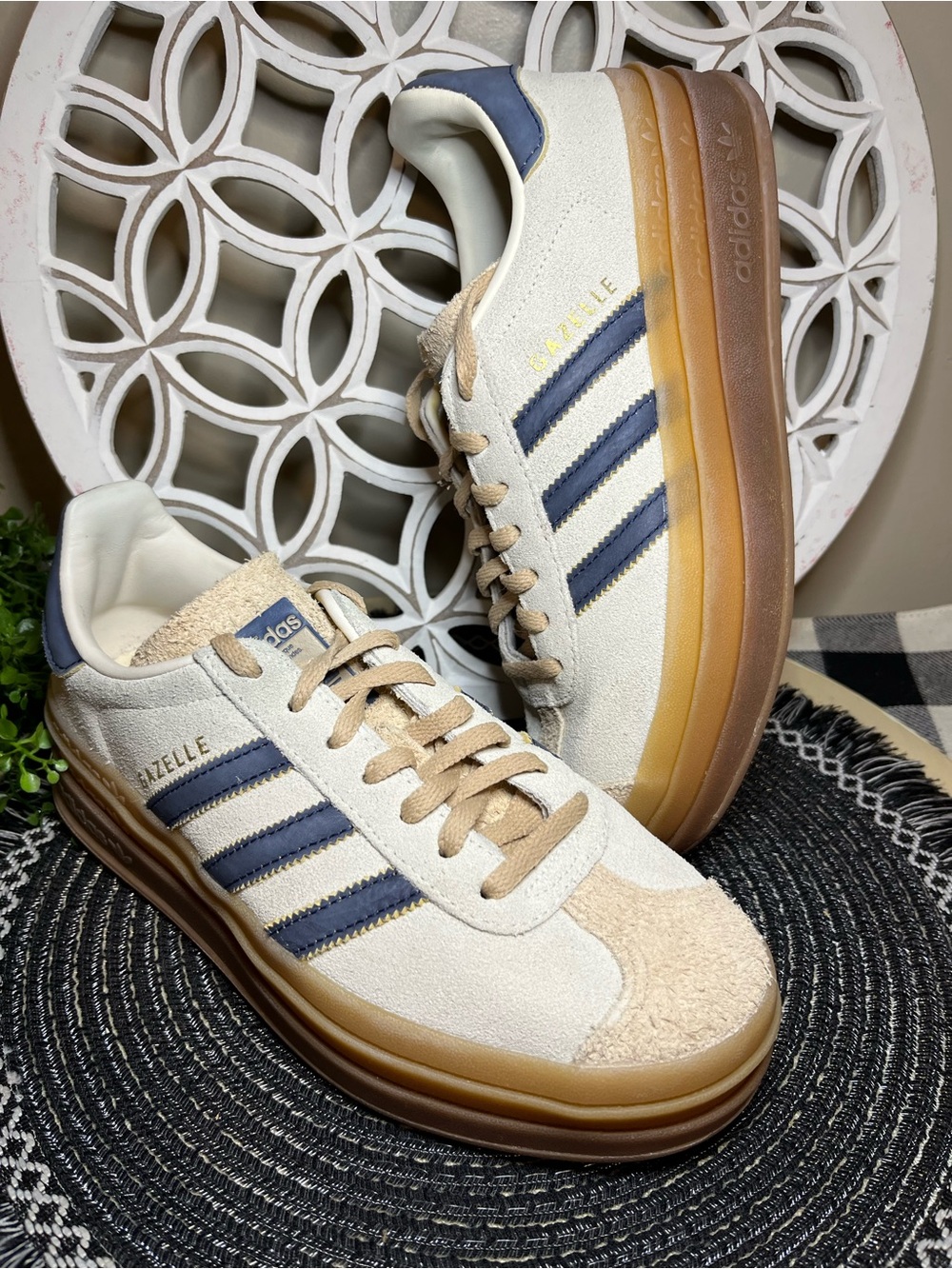Adidas Gazelle Suede Sneakers in Cream with Navy Stripes - Picture 2 of 12